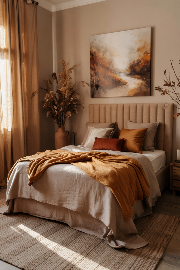 Modern fall bedroom with layered bedding in warm rust, burnt orange, and cream tones, styled with chunky knit throws and decorative pillows.