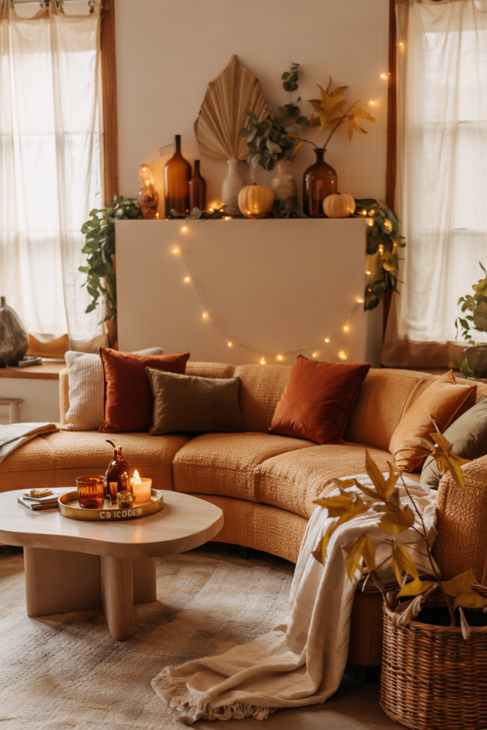 Warm twinkle string lights draped around curtains and mantel, adding cozy autumn ambiance to a modern living room.