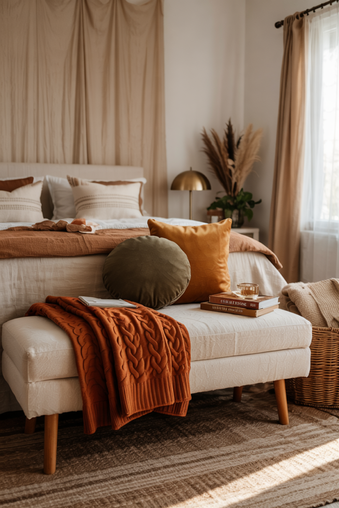 Cozy fall bedroom featuring an upholstered bench layered with a chunky knit blanket and fall-themed throw pillows in warm autumn hues.