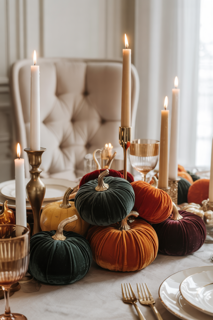Elegant Thanksgiving centerpiece with velvet pumpkins, gold candlesticks, ivory plates, and cozy candlelit fall tablescape.