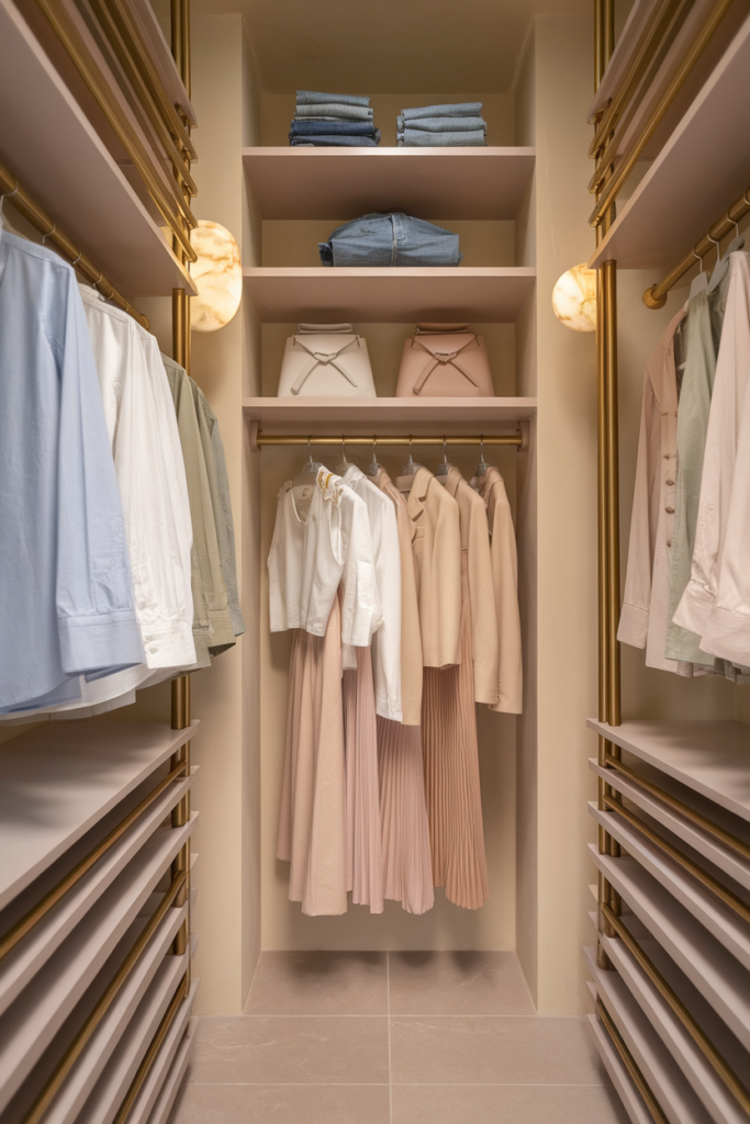 Double-tier hanging rod closet with layered cotton shirts, pleated skirts, and neutral jackets in a slim, vertical layout.