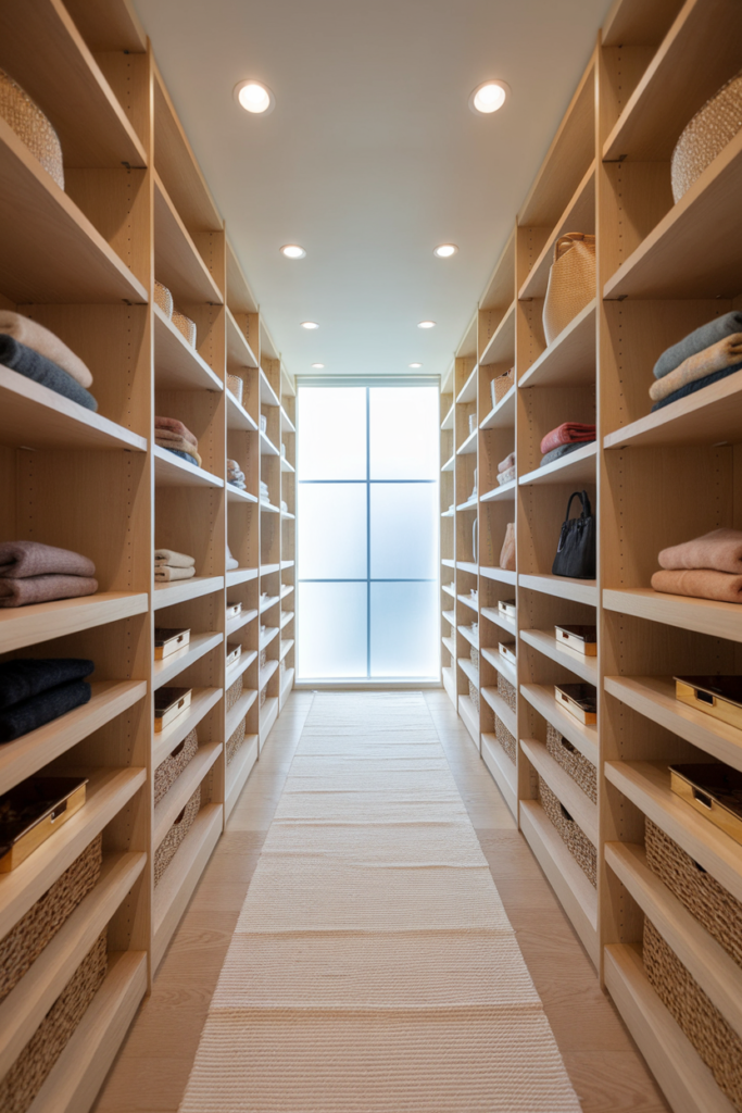 Narrow walk-in closet with honey oak wall-to-wall open shelving styled with warm ambient lighting.