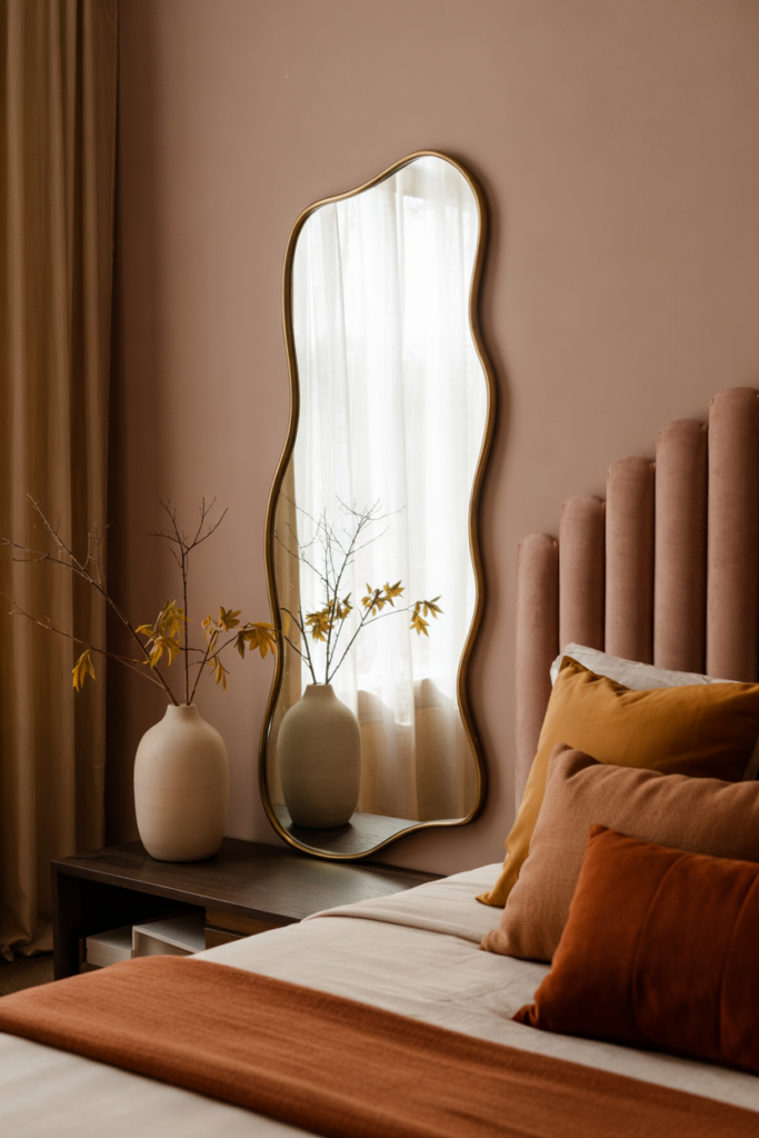 Modern fall bedroom featuring a large wavy wall mirror with an antique brass frame, reflecting warm autumnal tones and cozy decor.