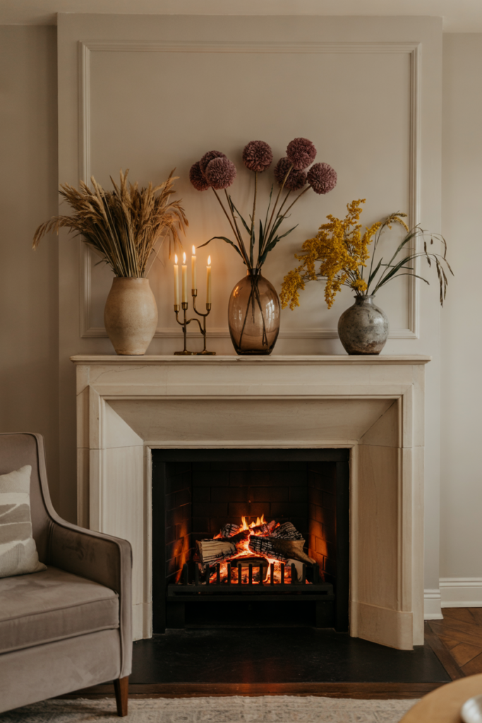 Harvest-inspired mantel with golden wheat, allium, and goldenrod in tall vases.