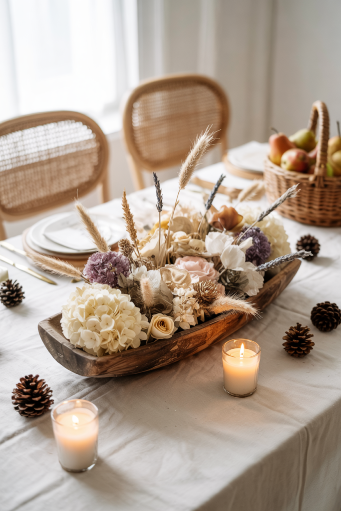 Rustic Thanksgiving centerpiece with a wooden dough bowl brimming with dried hydrangeas, lavender, wheat, and rose petals, accented by pinecones and votive candles on a modern farmhouse table.