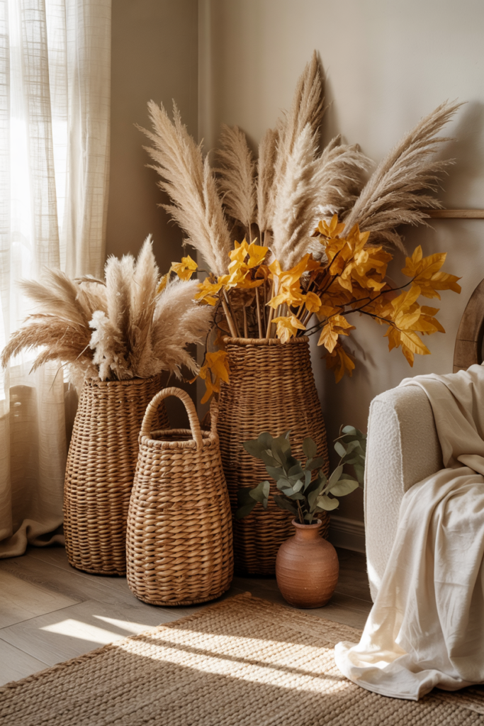 Woven baskets used as decorative storage accents in a warm, modern fall living room.