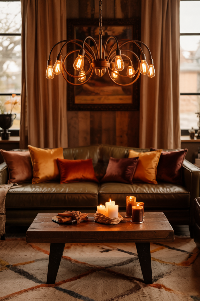 Wrought iron chandelier with glowing Edison bulbs illuminating a modern cozy fall living room.