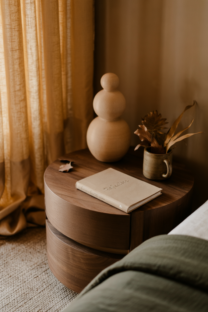 Modern fall bedroom featuring minimalist tabletop sculptures made of clay adding artistic texture and seasonal warmth.