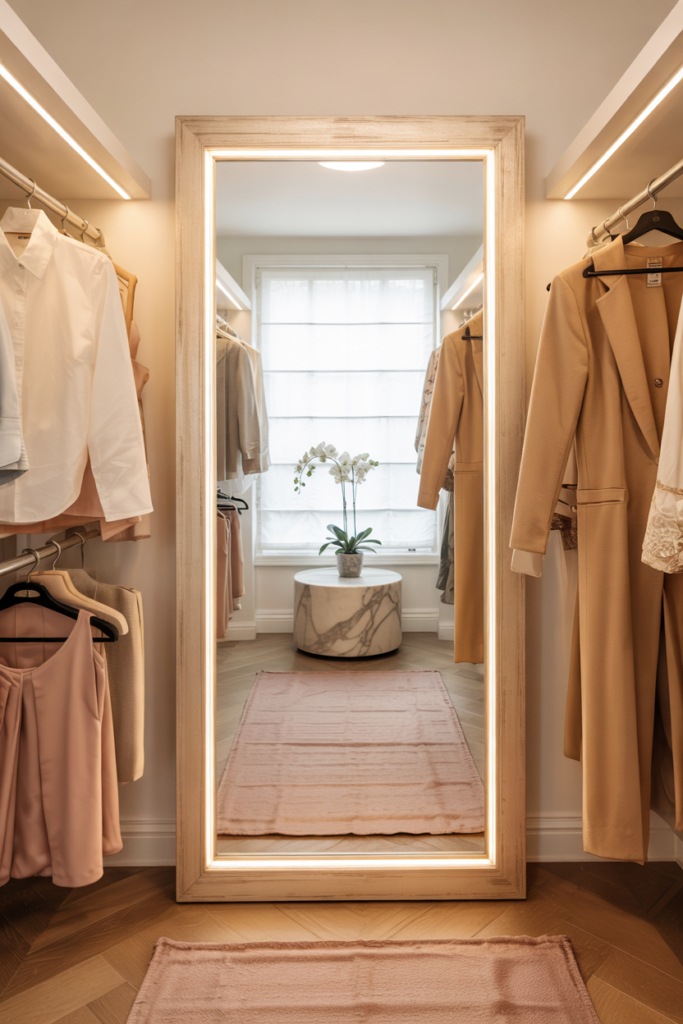 Narrow walk-in closet with a glowing backlit floor-to-ceiling mirror, warm white cabinetry, and realistic neutral-toned clothes like silk blouses, blush sweaters, and beige coats styled on gold velvet hangers.