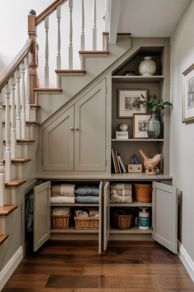 Under the stairs built in cabinets for extra storage 