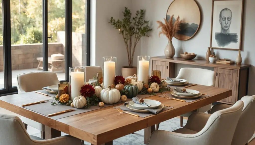 Modern transitional dining room with a full wooden dining table styled with a fall centerpiece of muted pumpkins, eucalyptus, dried leaves, burgundy dahlias, and glowing candles, surrounded by elegant table settings in warm autumn colors.