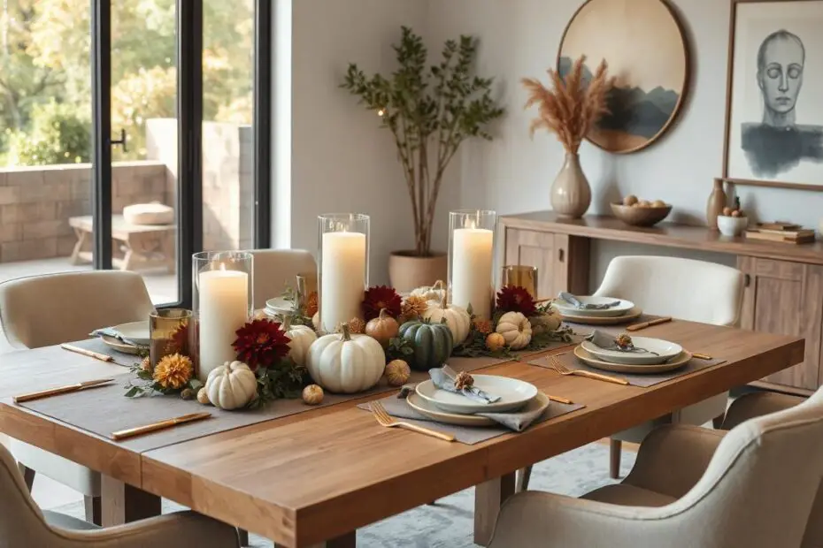 Modern transitional dining room with a full wooden dining table styled with a fall centerpiece of muted pumpkins, eucalyptus, dried leaves, burgundy dahlias, and glowing candles, surrounded by elegant table settings in warm autumn colors.