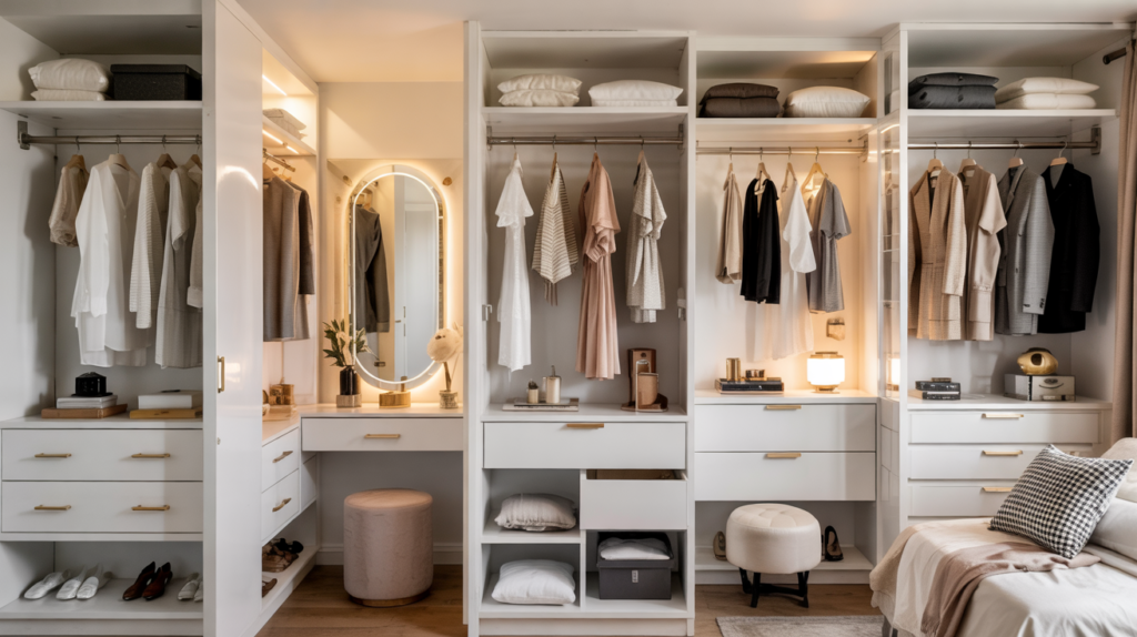collage of narrow walk-in closet ideas featuring a backlit mirror wall, floating vanity nook, glossy gold-accented cabinets, built-in drawer display with folded clothes, and a modern monochrome setup with realistic fashion pieces.
