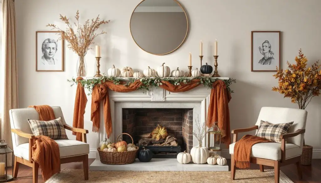 Elegant fall fireplace mantel decorated with layered garlands of eucalyptus and autumn leaves, rustic white and glass pumpkins, brass candlesticks with glowing tapers, a round mirror centerpiece, soft burnt orange velvet drape, woven basket filled with pumpkins and leaves, and cozy plaid accents — a stylish, Pinterest-worthy fall décor inspiration scene.