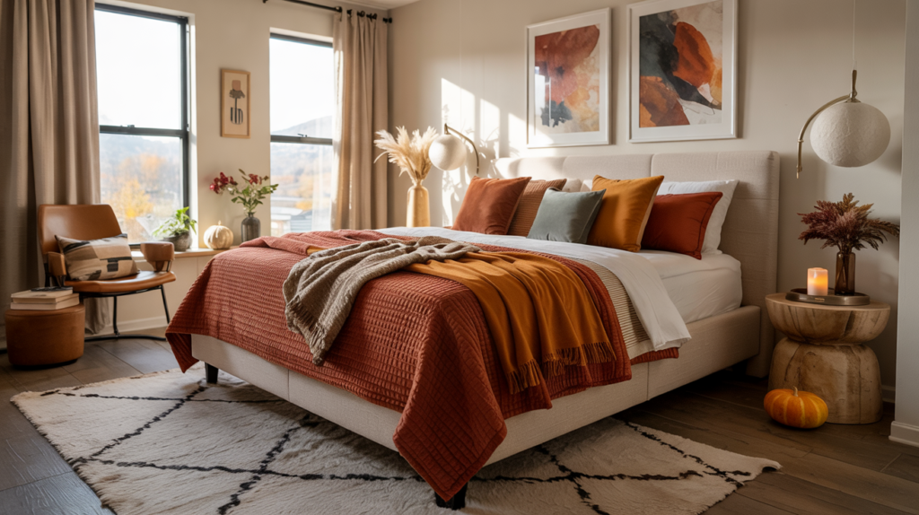 Modern contemporary fall bedroom with beige upholstered bed, chunky knit throws, velvet pillows, caramel leather chair, wooden nightstands, amber glass vases, pampas decor, and warm golden lighting.