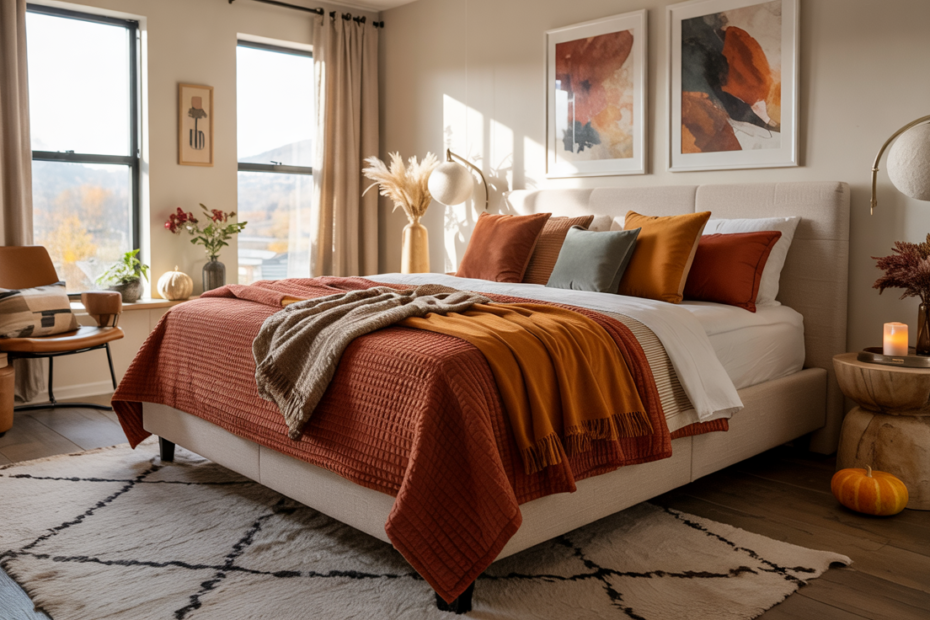 Modern contemporary fall bedroom with beige upholstered bed, chunky knit throws, velvet pillows, caramel leather chair, wooden nightstands, amber glass vases, pampas decor, and warm golden lighting.