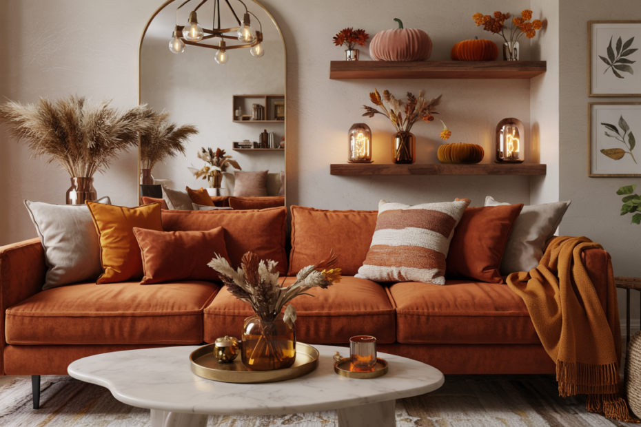 Modern fall living room with a burnt orange velvet sofa, caramel leather armchair, sculptural wood coffee table, layered rugs, floating shelves styled with autumn décor, and warm golden light filtering through linen curtains.