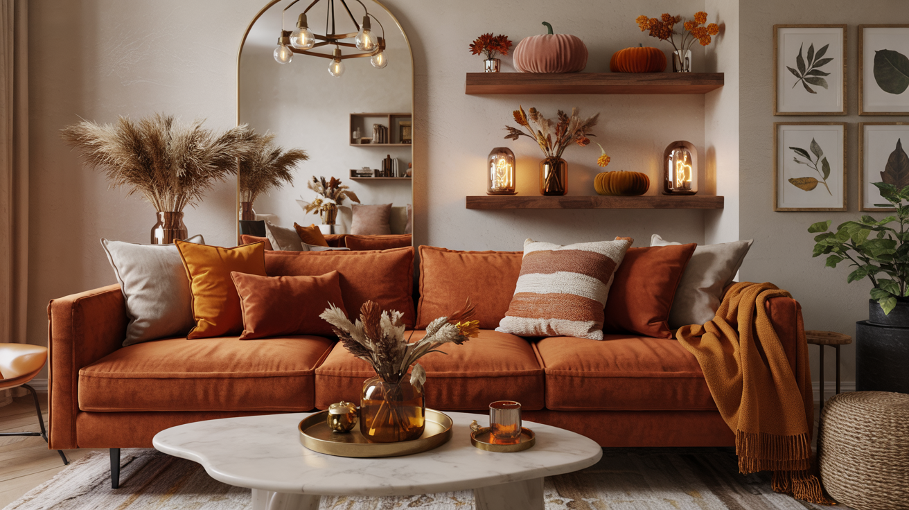 Modern fall living room with a burnt orange velvet sofa, caramel leather armchair, sculptural wood coffee table, layered rugs, floating shelves styled with autumn décor, and warm golden light filtering through linen curtains.