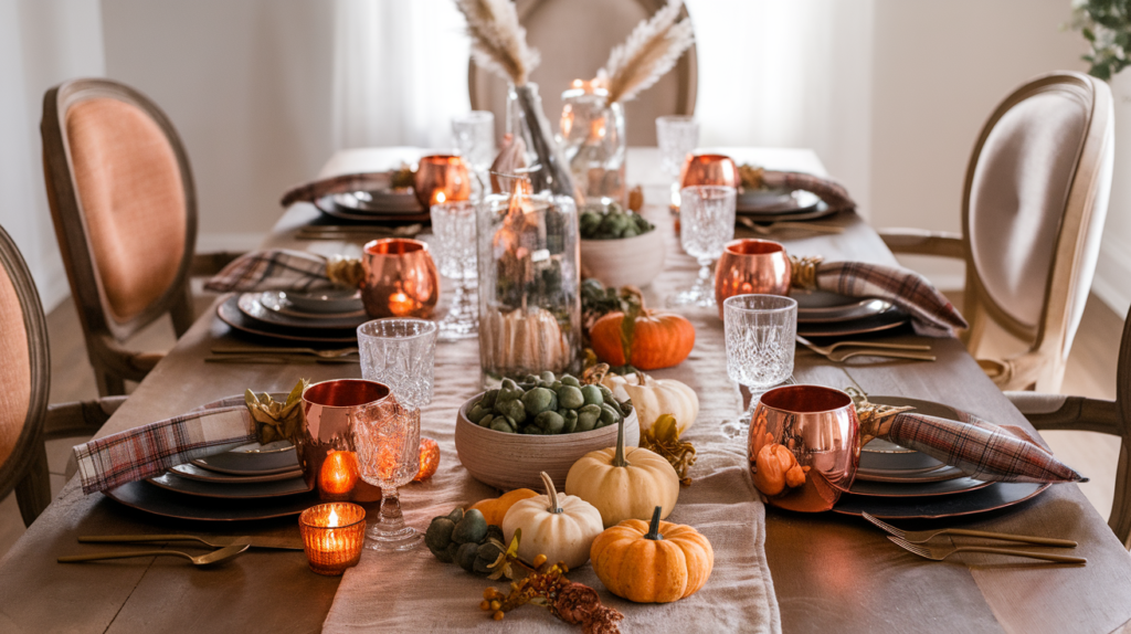 A cozy Thanksgiving dining table styled with 25 centerpiece ideas, featuring pumpkins, pampas grass, greenery, candles, copper mugs, plaid napkins, jewel-toned votives, rustic wood table, and seasonal food for a festive tablescape inspiration guide.