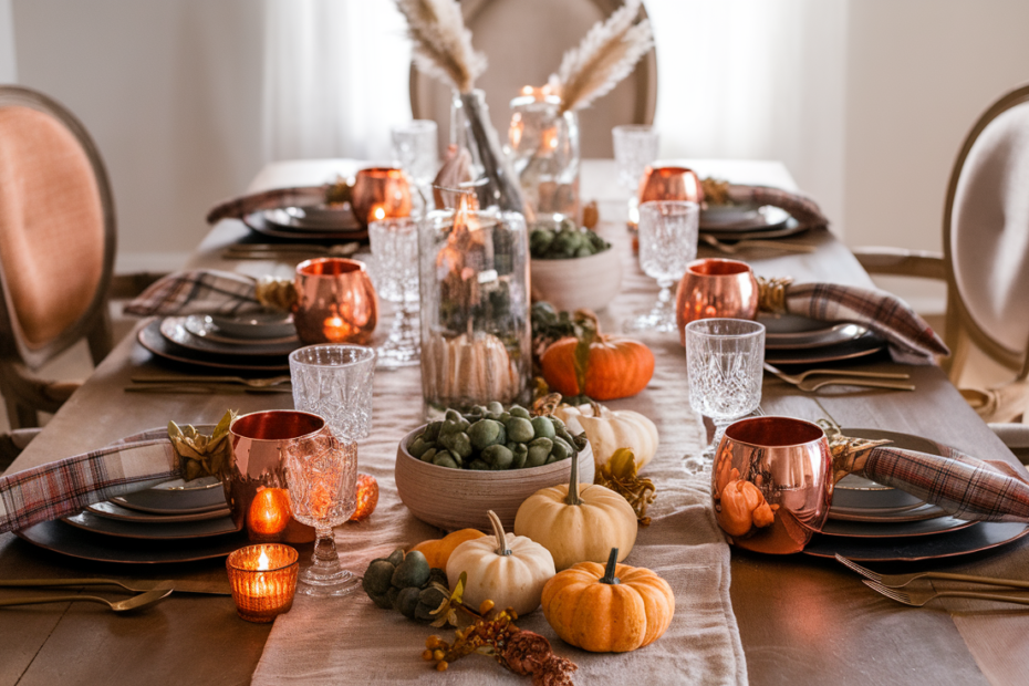 A cozy Thanksgiving dining table styled with 25 centerpiece ideas, featuring pumpkins, pampas grass, greenery, candles, copper mugs, plaid napkins, jewel-toned votives, rustic wood table, and seasonal food for a festive tablescape inspiration guide.