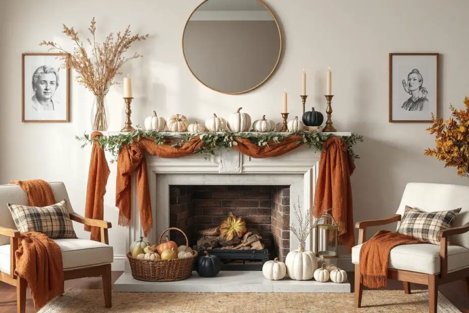 Elegant fall fireplace mantel decorated with layered garlands of eucalyptus and autumn leaves, rustic white and glass pumpkins, brass candlesticks with glowing tapers, a round mirror centerpiece, soft burnt orange velvet drape, woven basket filled with pumpkins and leaves, and cozy plaid accents — a stylish, Pinterest-worthy fall décor inspiration scene.
