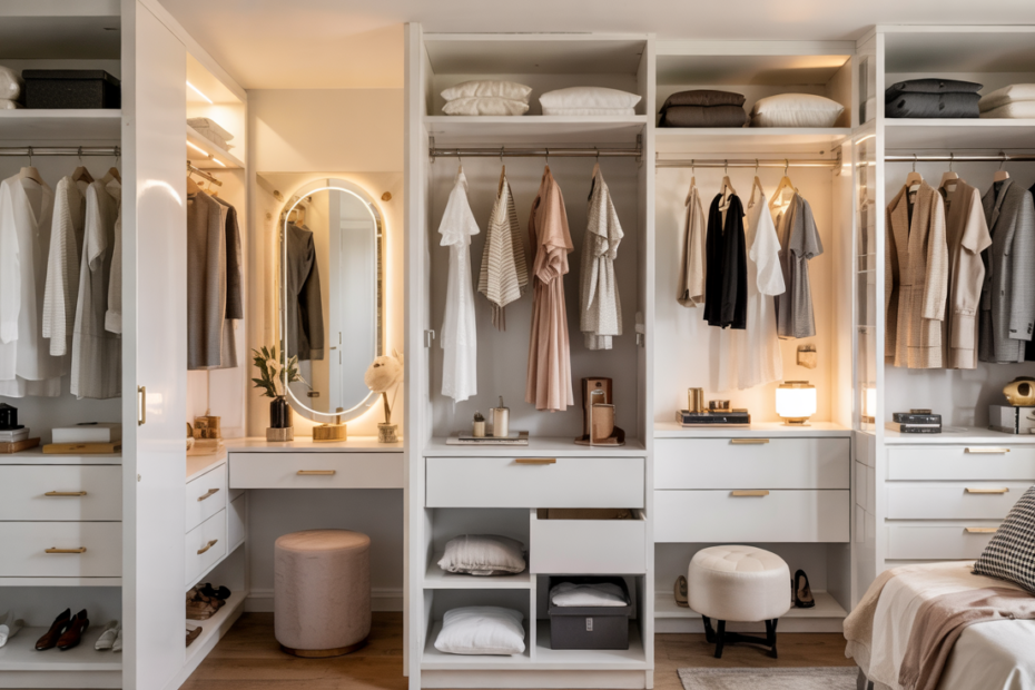 collage of narrow walk-in closet ideas featuring a backlit mirror wall, floating vanity nook, glossy gold-accented cabinets, built-in drawer display with folded clothes, and a modern monochrome setup with realistic fashion pieces.