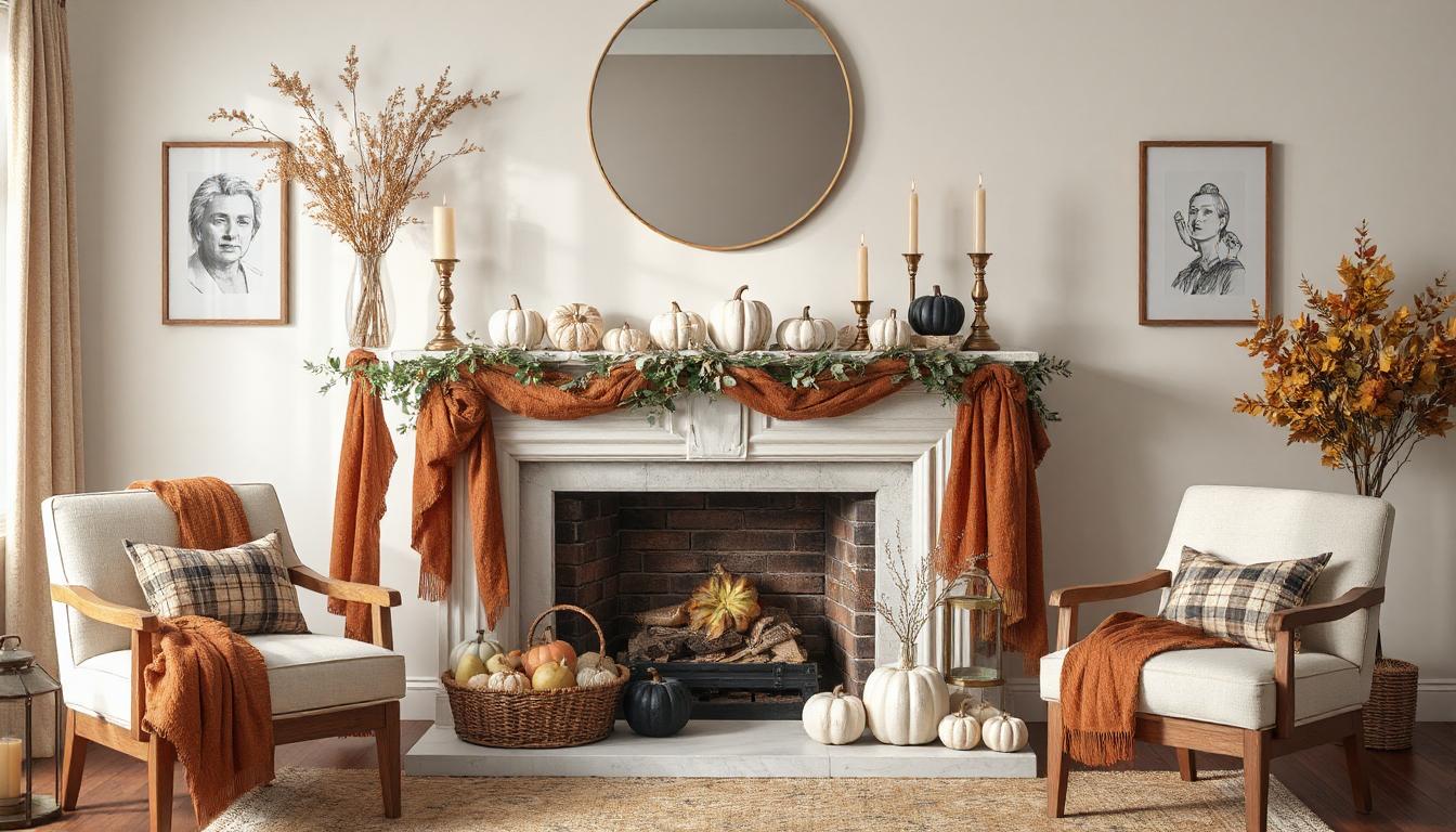 Elegant fall fireplace mantel decorated with layered garlands of eucalyptus and autumn leaves, rustic white and glass pumpkins, brass candlesticks with glowing tapers, a round mirror centerpiece, soft burnt orange velvet drape, woven basket filled with pumpkins and leaves, and cozy plaid accents — a stylish, Pinterest-worthy fall décor inspiration scene.