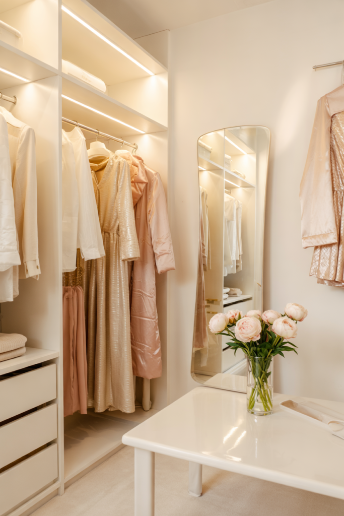 Glossy narrow walk-in closet with high-shine pearl white cabinets, soft pastel clothing, gold accents, and delicate real-world clothes like silk tops and champagne dresses.