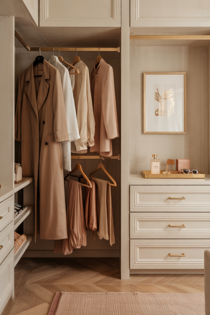 Compact walk-in closet with soft-close cream cabinetry, brushed gold handles, and real-world neutral clothing like camel coats, silk tops, and blush knitwear for a serene luxury feel.