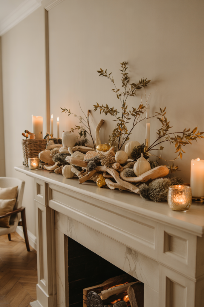Cozy mantel decorated with a Thanksgiving wreath, driftwood, and moss accents.