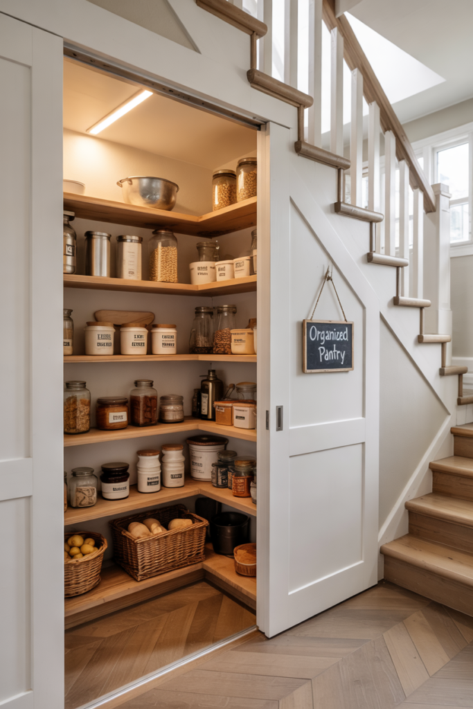 Walk in Pantry that is extended Under the Stairs 
