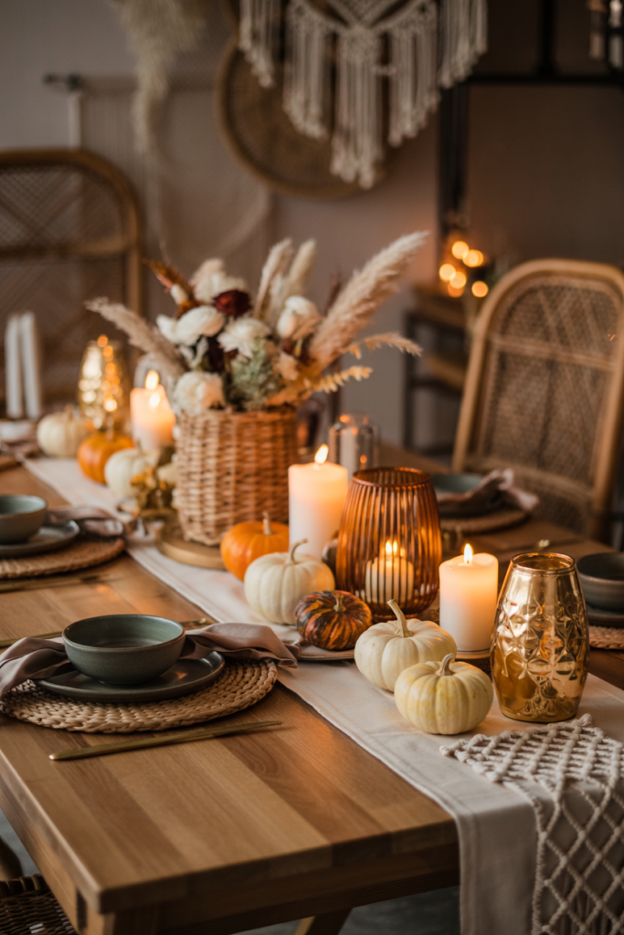Boho fall tablescape with woven placemats, pampas grass centerpiece, mini pumpkins, and cozy autumn candles