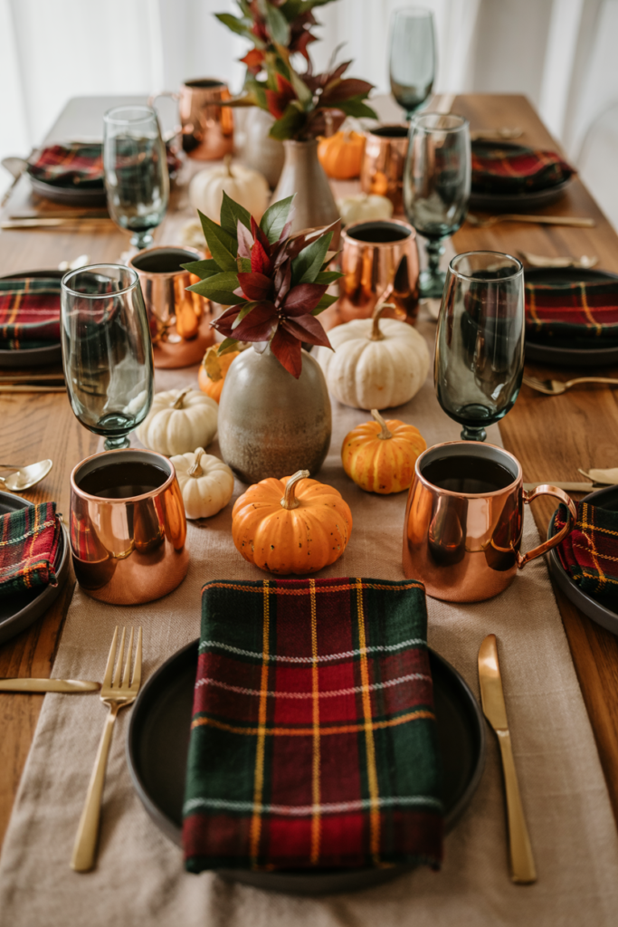Cream Linen Runner and plaid napkins  on the Thanksgiving Table 