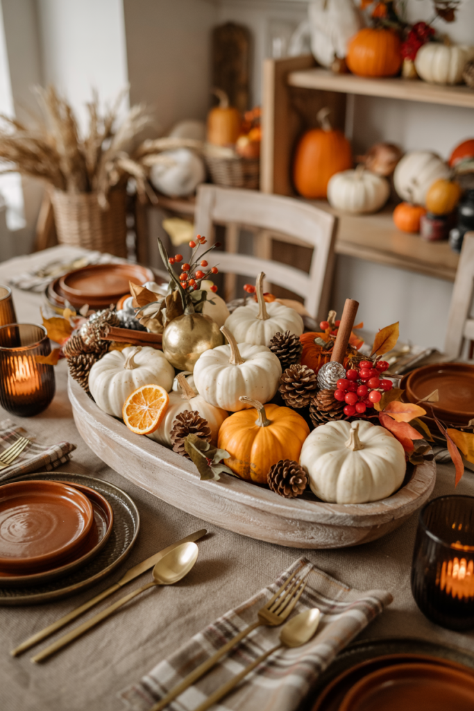 Rustic Farmhouse Thanksgiving Table Centerpiece Featuring a wooden dough bowl filled with mini pumpkins, pinecones and dried cinnamon and orange slices.