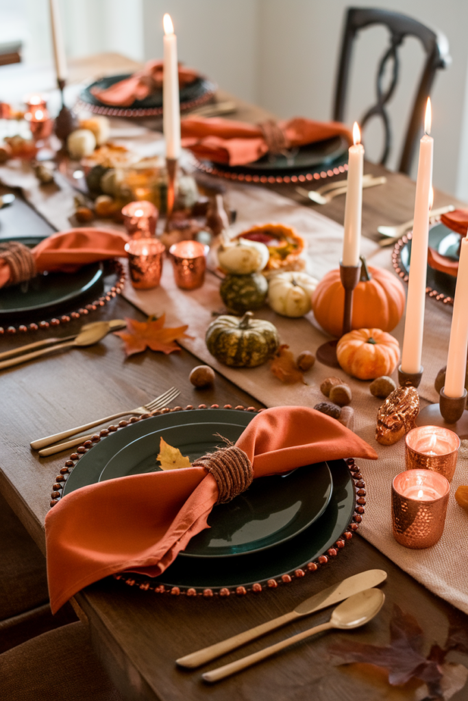 Fall tablescape with dark green plates, burnt orange napkins, copper candles, and mini pumpkins on a rustic wooden table.