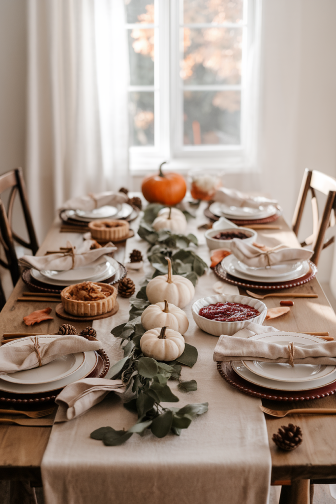 Neutral fall tablescape with beige linen runner, white plates, eucalyptus garland, mini white pumpkins.