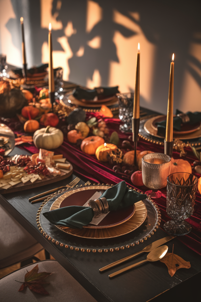 Moody luxe fall tablescape with burgundy runner, gold-rimmed plates, dark green napkins, taper candles, and mini pumpkins.
