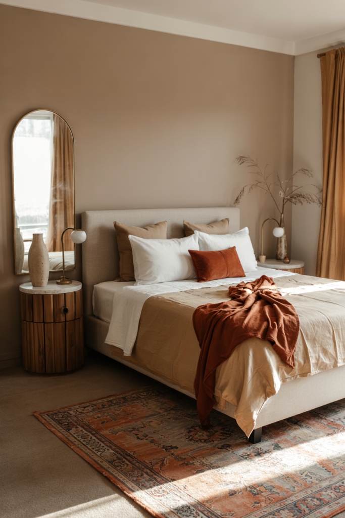 Elegant fall bedroom with  fluted wood nightstands, styled with autumnal lamps and seasonal decor.