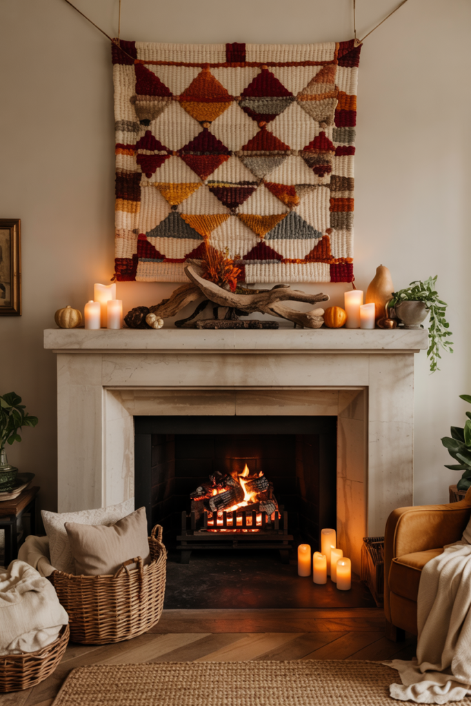 Thanksgiving mantel with tapestry backdrop, driftwood centerpiece, and harvest gourds.