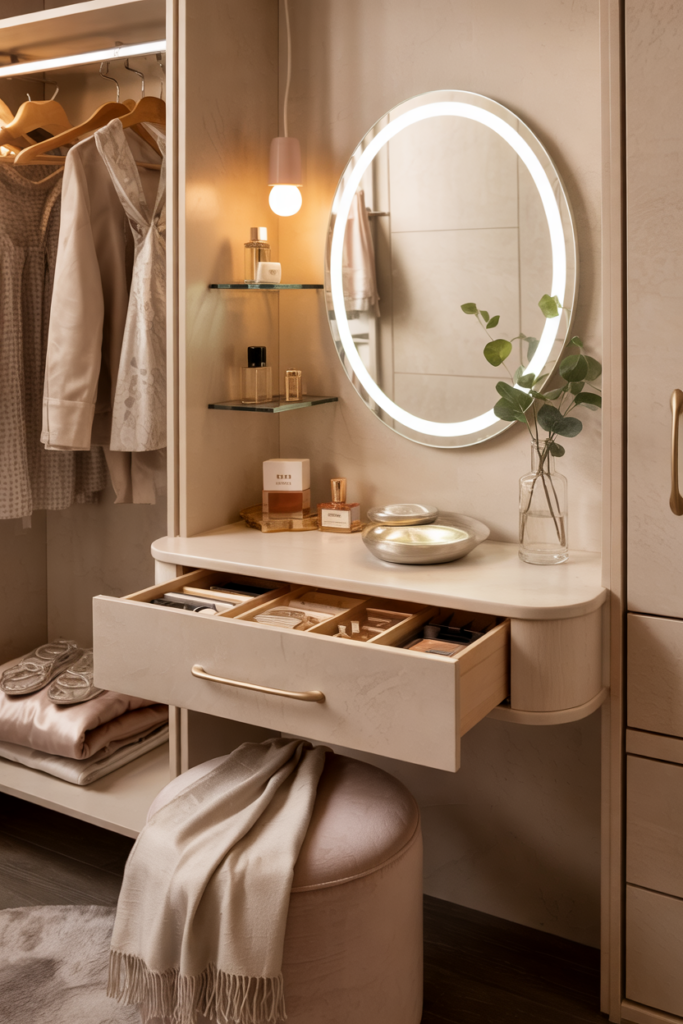 Floating vanity nook in a narrow closet with LED-lit mirror, blush-toned wall, makeup drawer, velvet stool, and realistic clothes like a satin robe and ivory blouse for a cozy, spa-like feel.