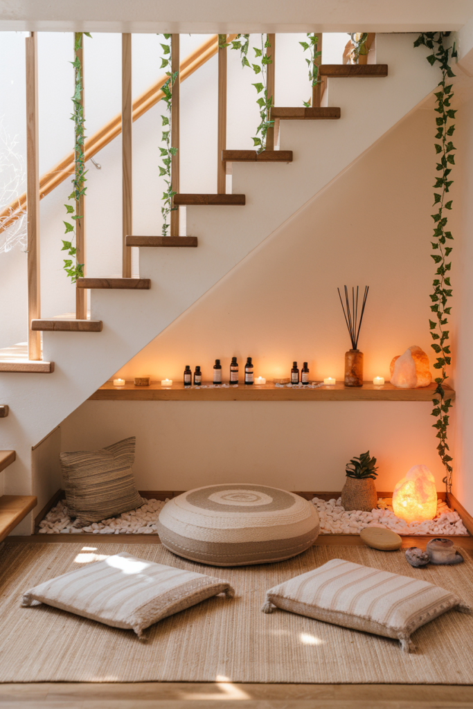 Boho Chic Meditation and Yoga Area Under the Stairs 