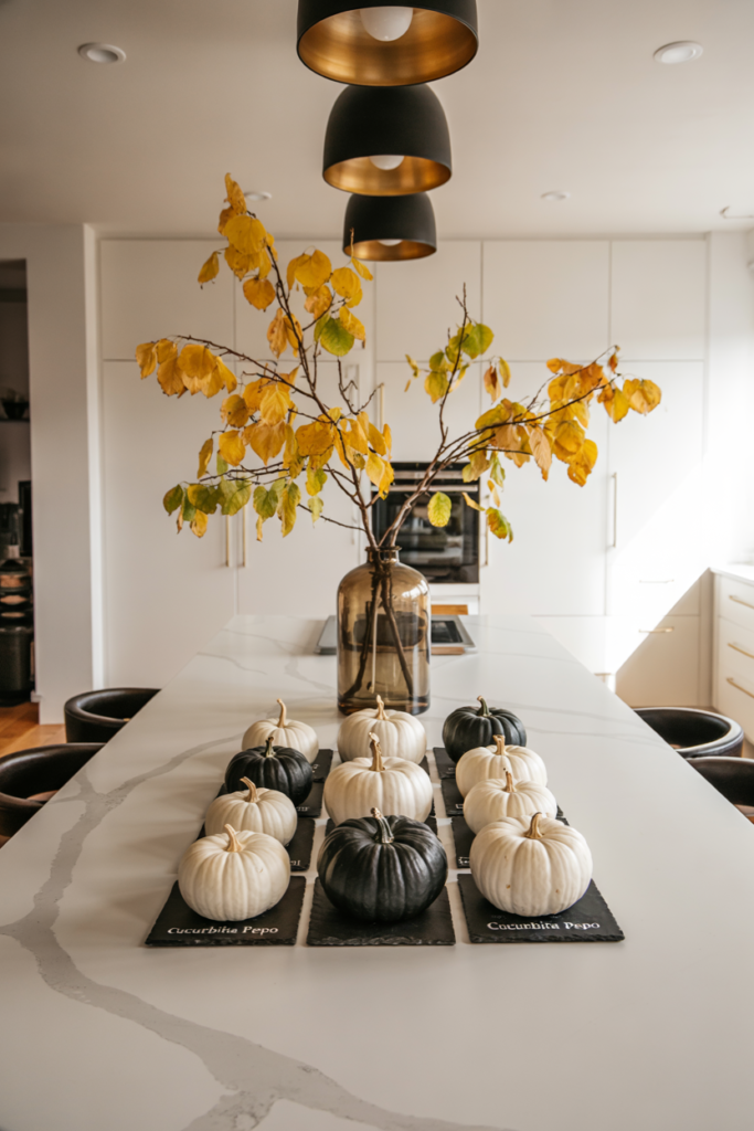Modern contemporary dining table styled with a grid of black and white pumpkins arranged in a minimalist, monochrome fall centerpiece for a chic and seasonal look.