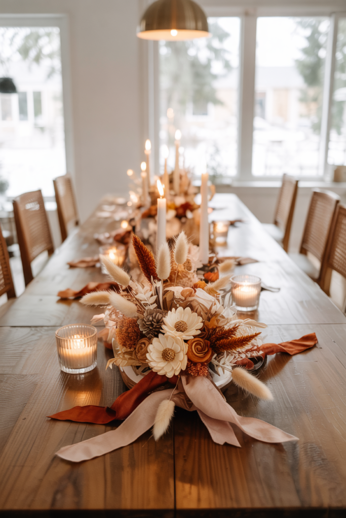 Long walnut dining table styled with a boho-inspired fall centerpiece, featuring a runner of pampas grass, dried bunny tails, sola wood flowers, cotton stems, and flickering votive candles, in a modern transitional dining room with oak floors and neutral walls.