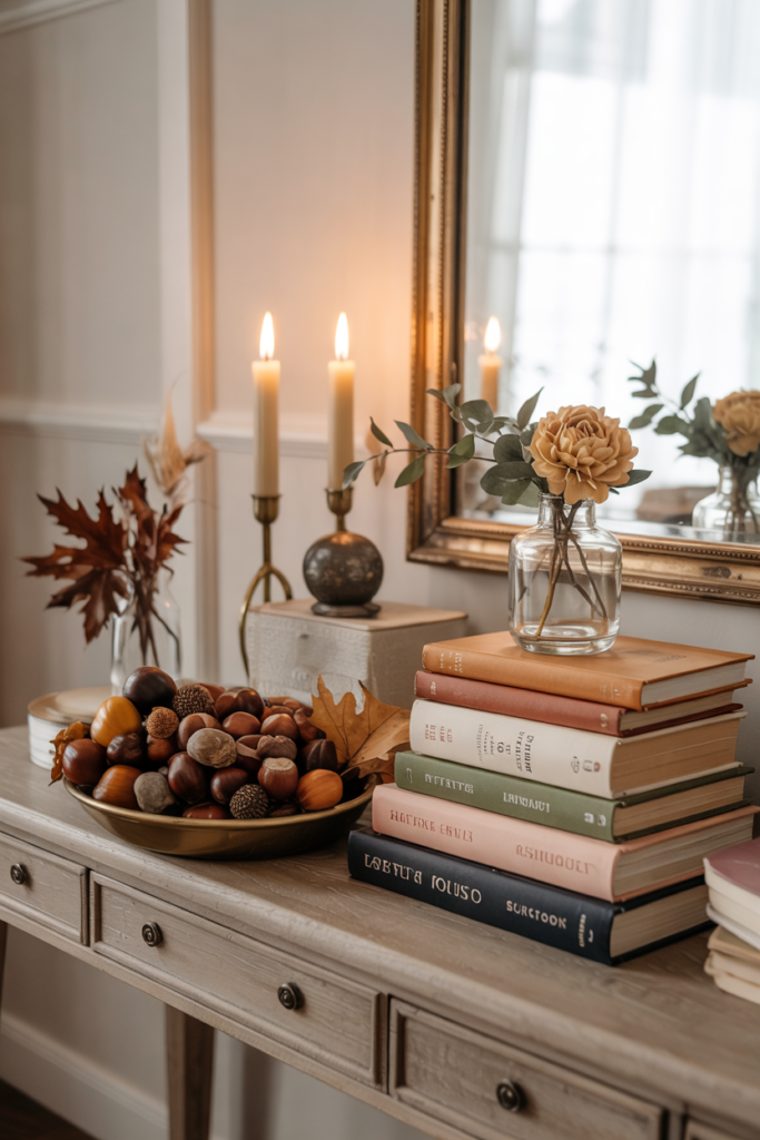 Console table styled with stacked vintage books, a small bowl of acorns, and a tiny vase, creating a layered, cozy, and Pinterest-worthy fall centerpiece.