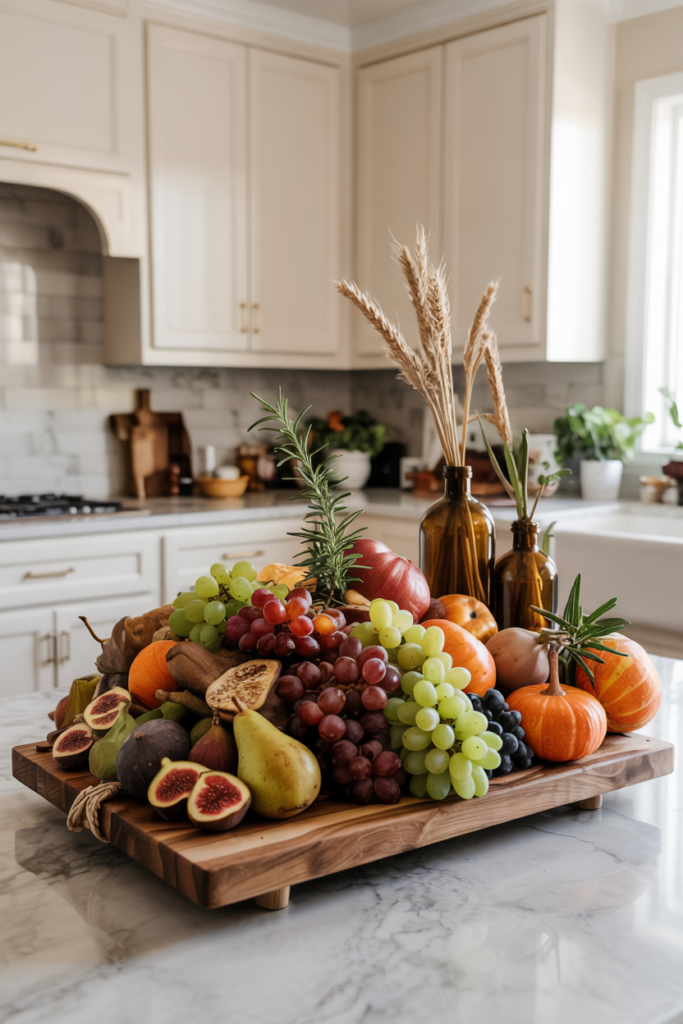 Large countertop styled with a charcuterie board featuring seasonal fruits like figs, grapes, nuts, and small pumpkins, creating a festive and visually appealing fall centerpiece.