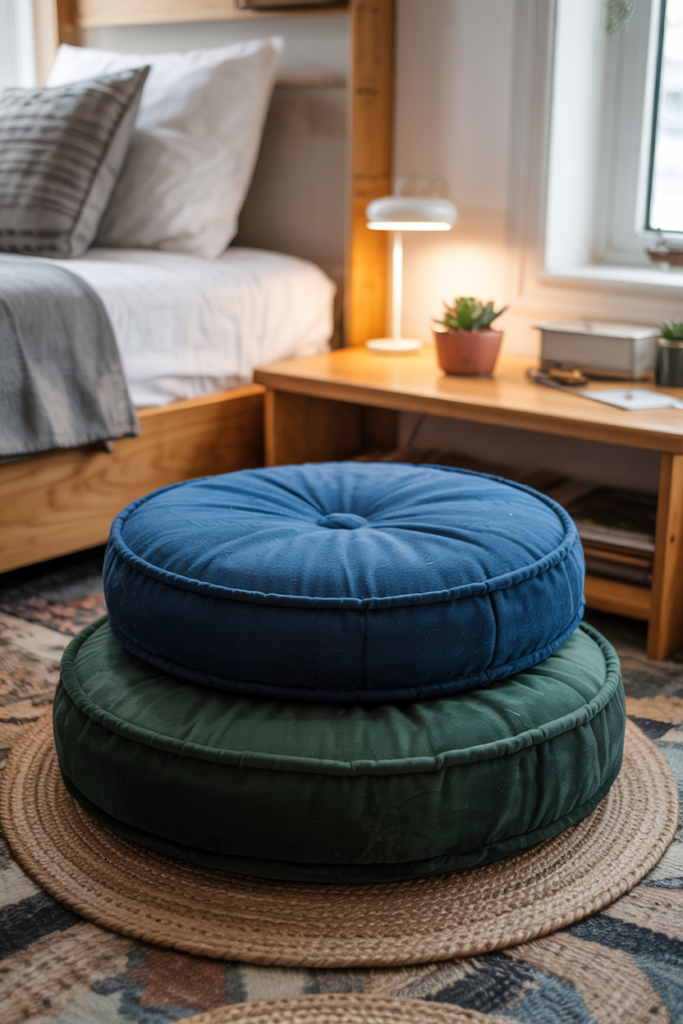 Vibrant floor cushion in the dorm room as a décor  