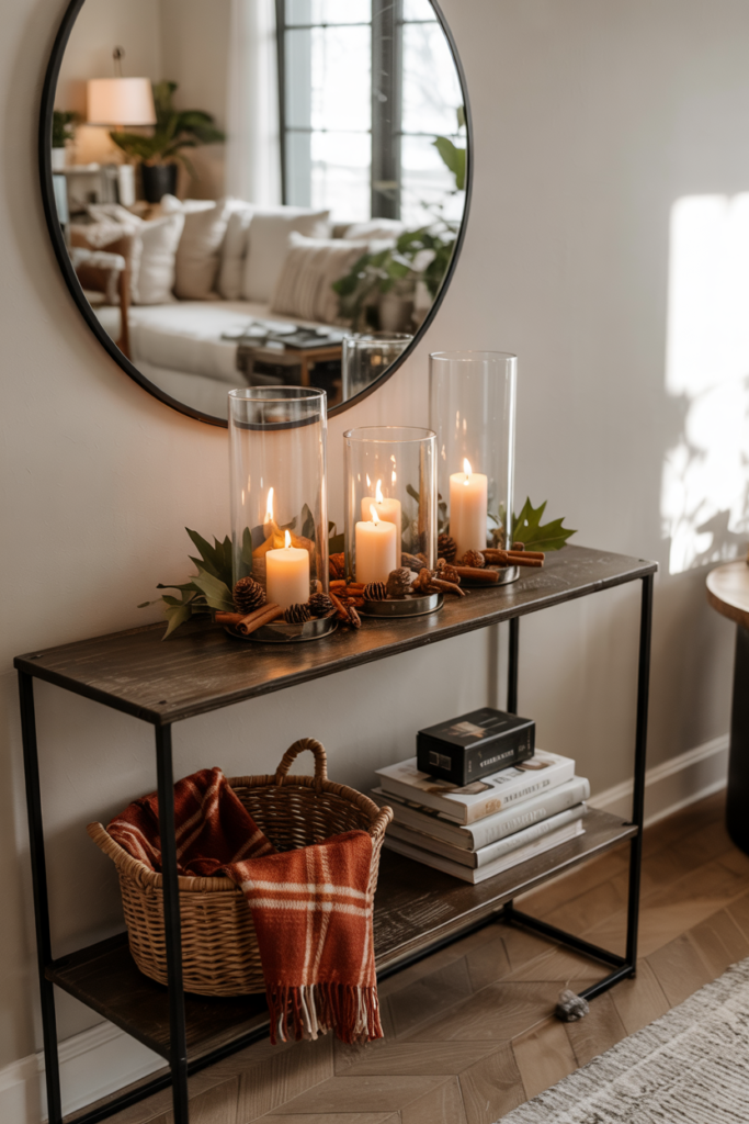 Modern console table  styled with a trio of glass hurricane candles surrounded by layered natural elements like pinecones, acorns, and autumn leaves, creating a cozy and Pinterest-worthy fall centerpiece.