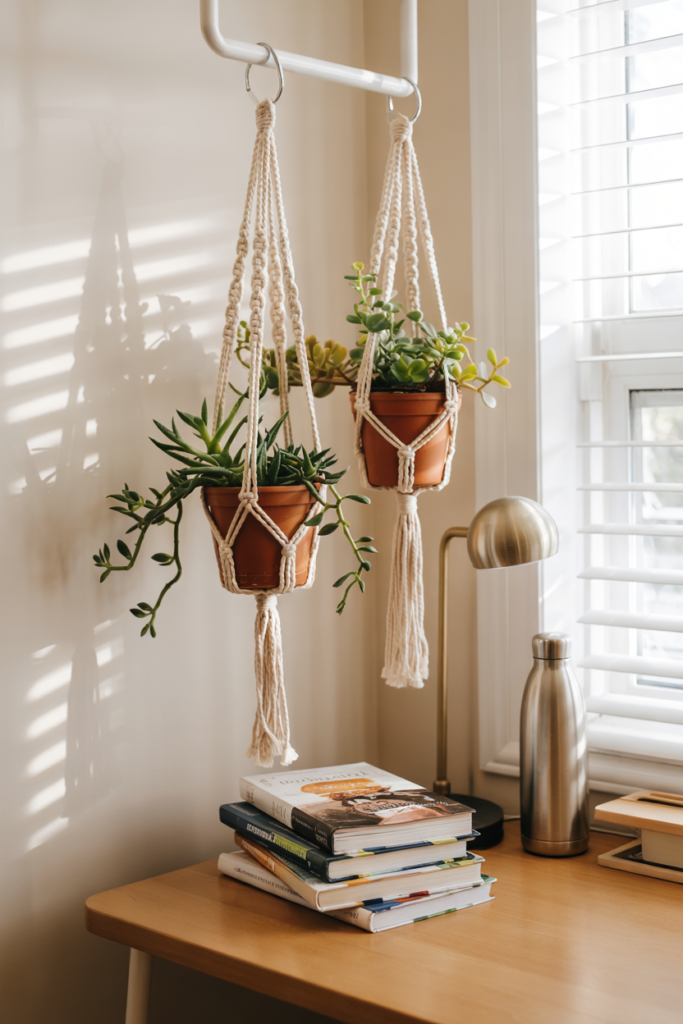 Dorm room study area decorated with hanging macrame planters 