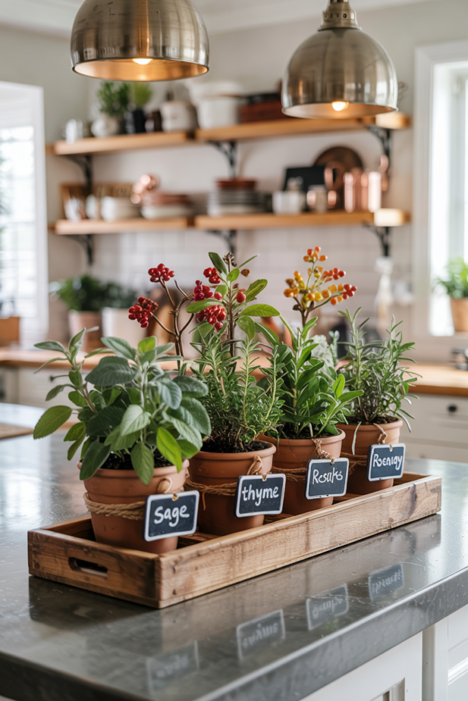 Modern kitchen island featuring a wooden tray with small potted herbs like rosemary, thyme, and sage, accented with mini faux berries and chalk tags, styled as a functional and cozy fall centerpiece.