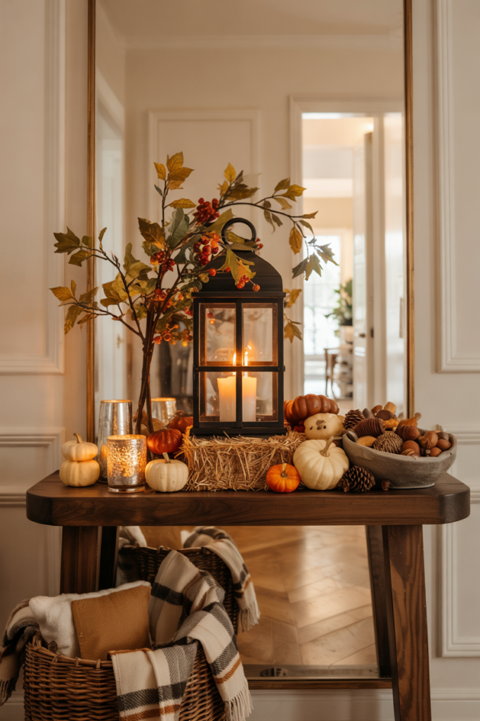 Transitional entryway console table styled with a metal lantern holding a battery candle, surrounded by mini hay bales, faux pumpkins, and autumn garland for a cozy fall centerpiece.